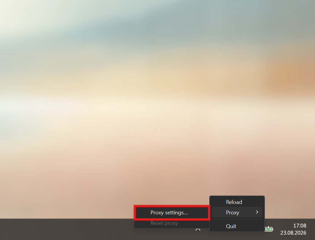 Waypad-menyen med Proxy-undermenyen åpen, som viser Proxy settings… og Reset proxy