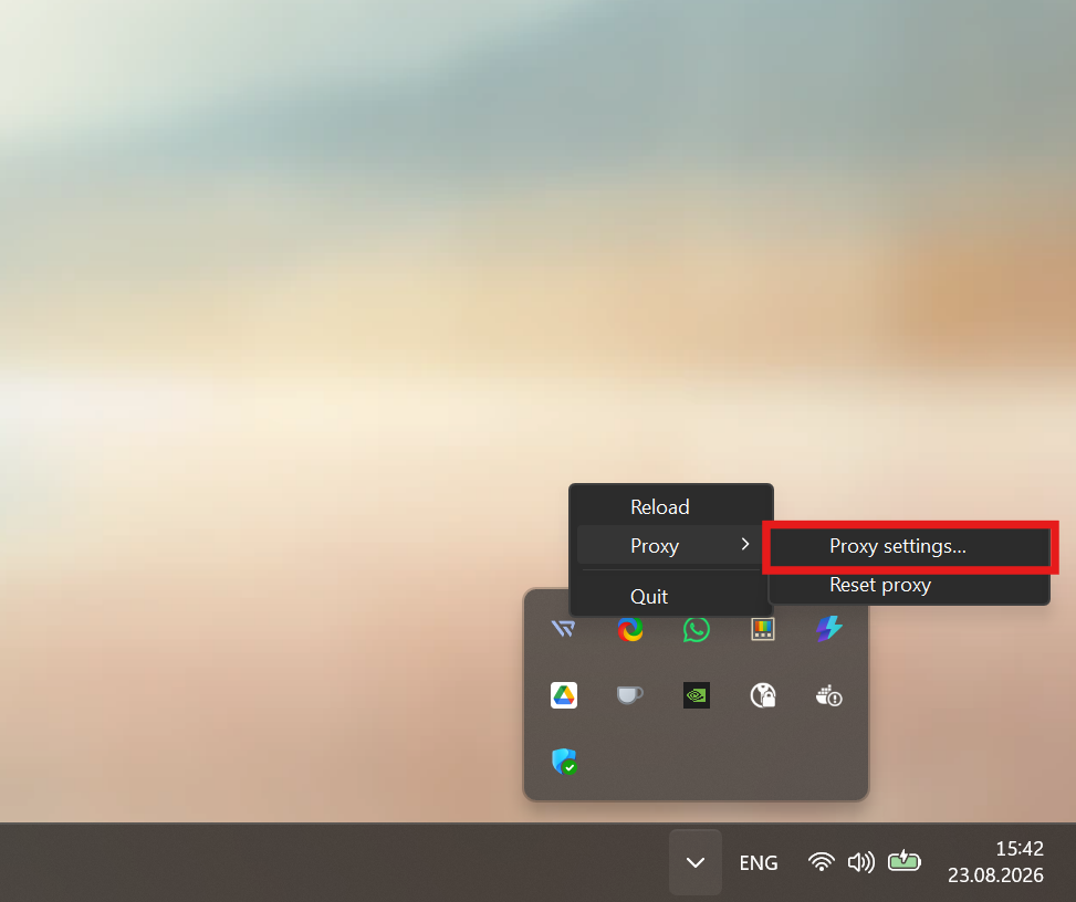Waypad-menyen etter et høyreklikk, med Proxy settings… markert med rødt