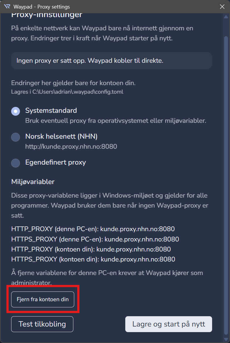 Delen Miljøvariabler som lister HTTP_PROXY og HTTPS_PROXY, med fjern-knappen markert med rødt