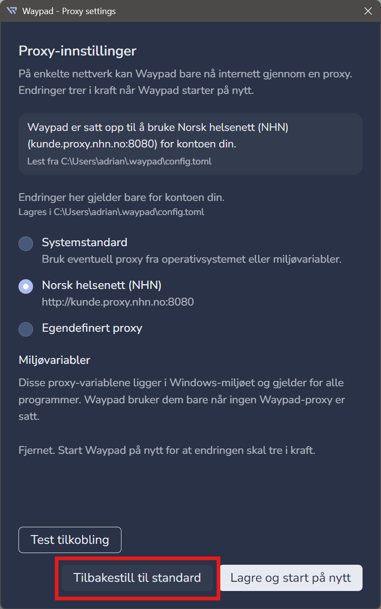 Vinduet Proxy-innstillinger med Tilbakestill til standard markert med rødt
