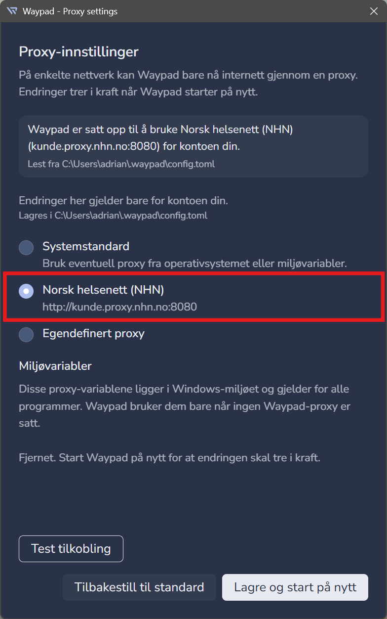 Vinduet Proxy-innstillinger med Norsk helsenett (NHN) valgt