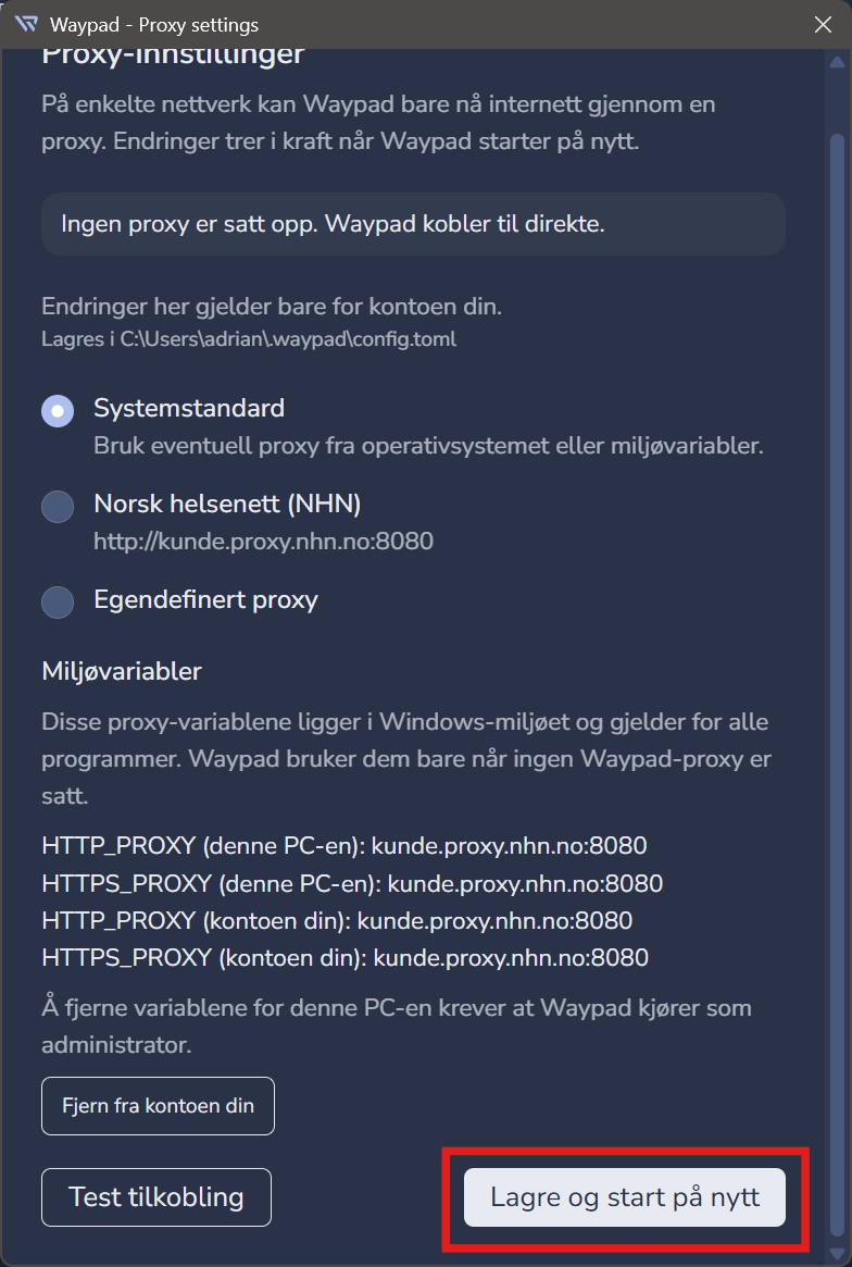 Knappen Lagre og start på nytt markert med rødt