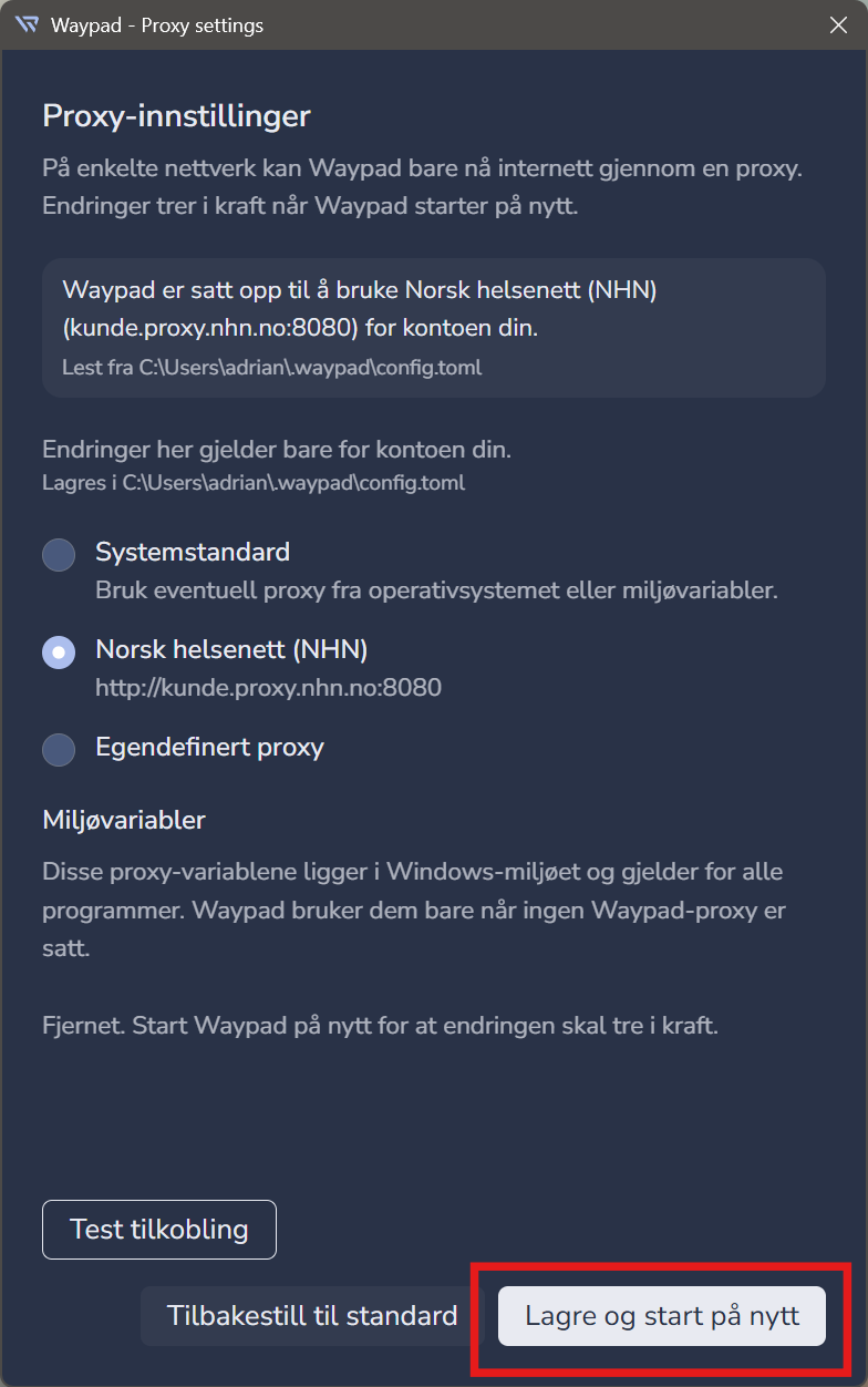 Knappen Lagre og start på nytt markert med rødt